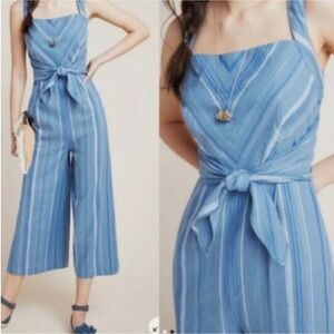 Anthropologie wedgewood blue and white striped jumpsuit tie front wrap waist